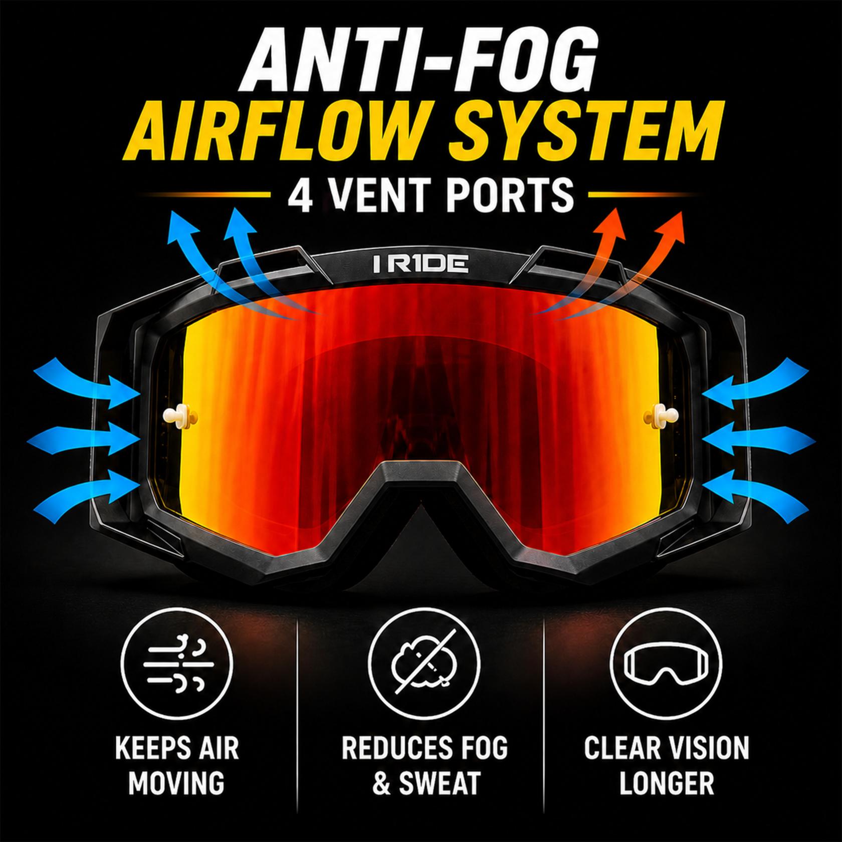 I RIDE Airtime Motocross Goggles with Spare Clear Lens and 5 Tear-Offs, Anti-Fog MX Dirt Bike Goggles with Orange Mirrored Lens, UV Protection, ATV UTV Off-Road Riding