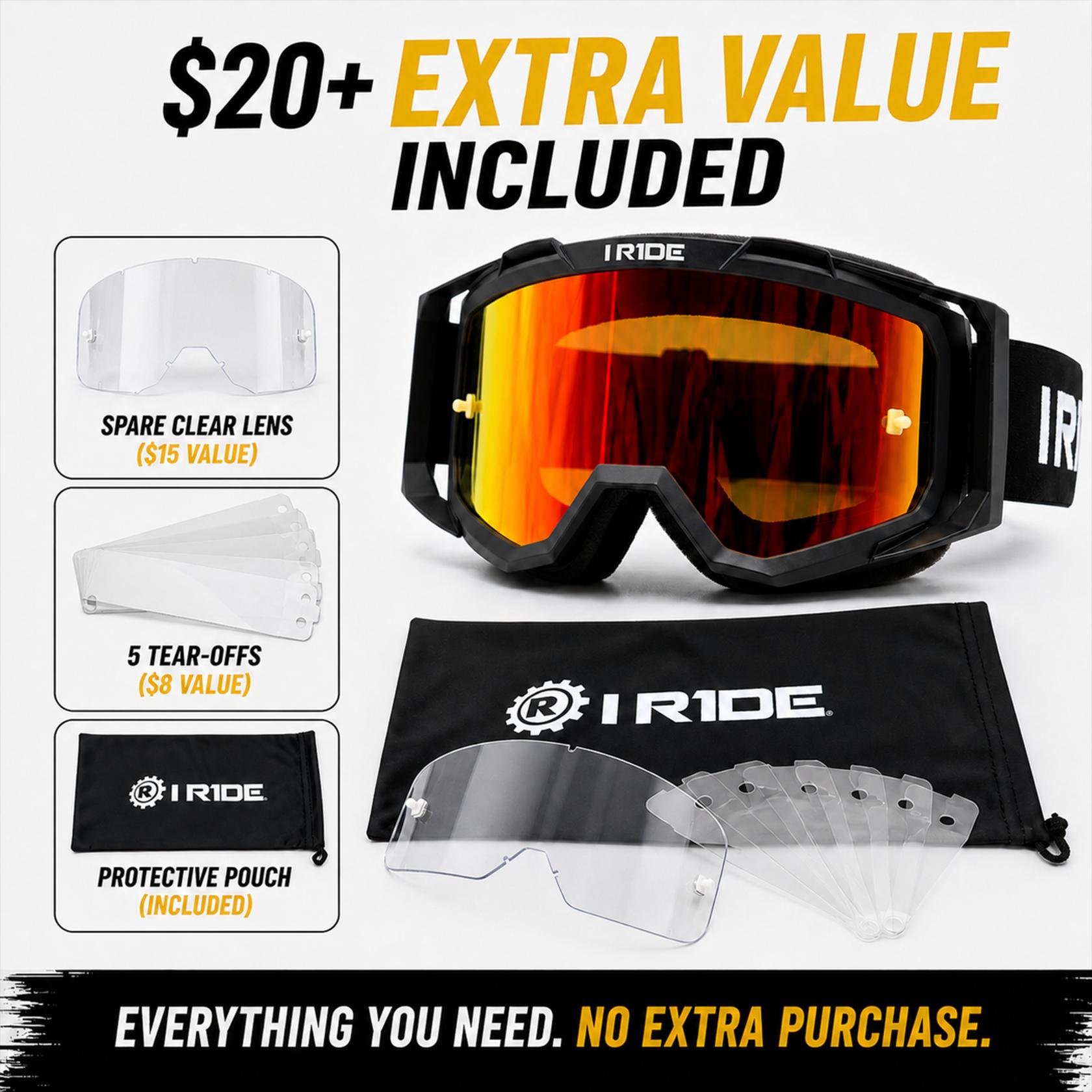 I RIDE Airtime Motocross Goggles with Spare Clear Lens and 5 Tear-Offs, Anti-Fog MX Dirt Bike Goggles with Orange Mirrored Lens, UV Protection, ATV UTV Off-Road Riding