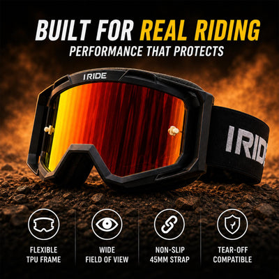 I RIDE Airtime Motocross Goggles with Spare Clear Lens and 5 Tear-Offs, Anti-Fog MX Dirt Bike Goggles with Orange Mirrored Lens, UV Protection, ATV UTV Off-Road Riding