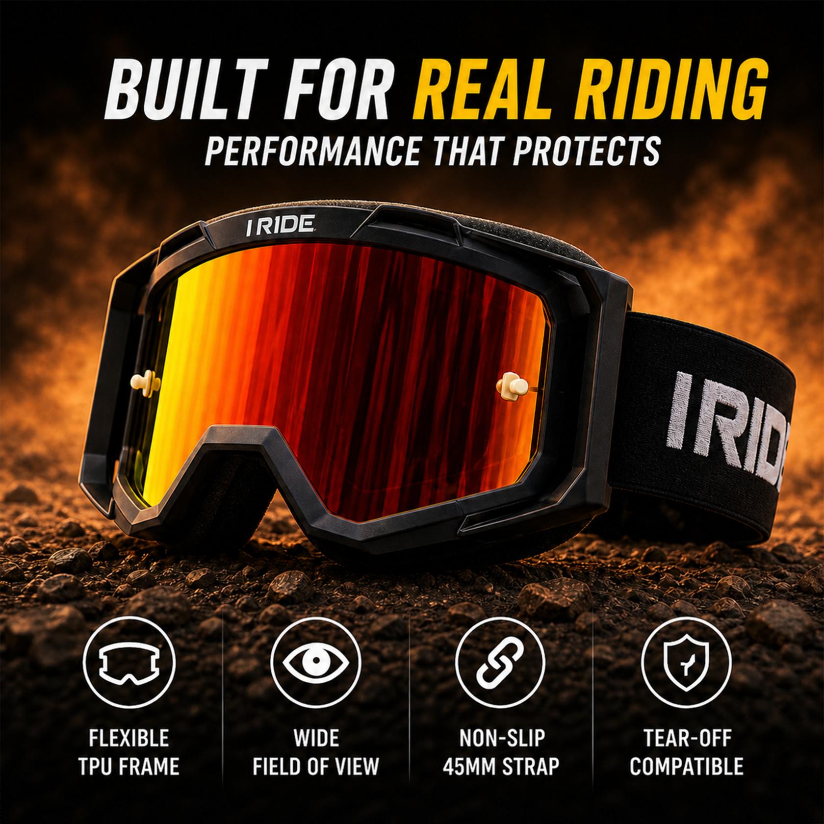 I RIDE Airtime Motocross Goggles with Spare Clear Lens and 5 Tear-Offs, Anti-Fog MX Dirt Bike Goggles with Orange Mirrored Lens, UV Protection, ATV UTV Off-Road Riding