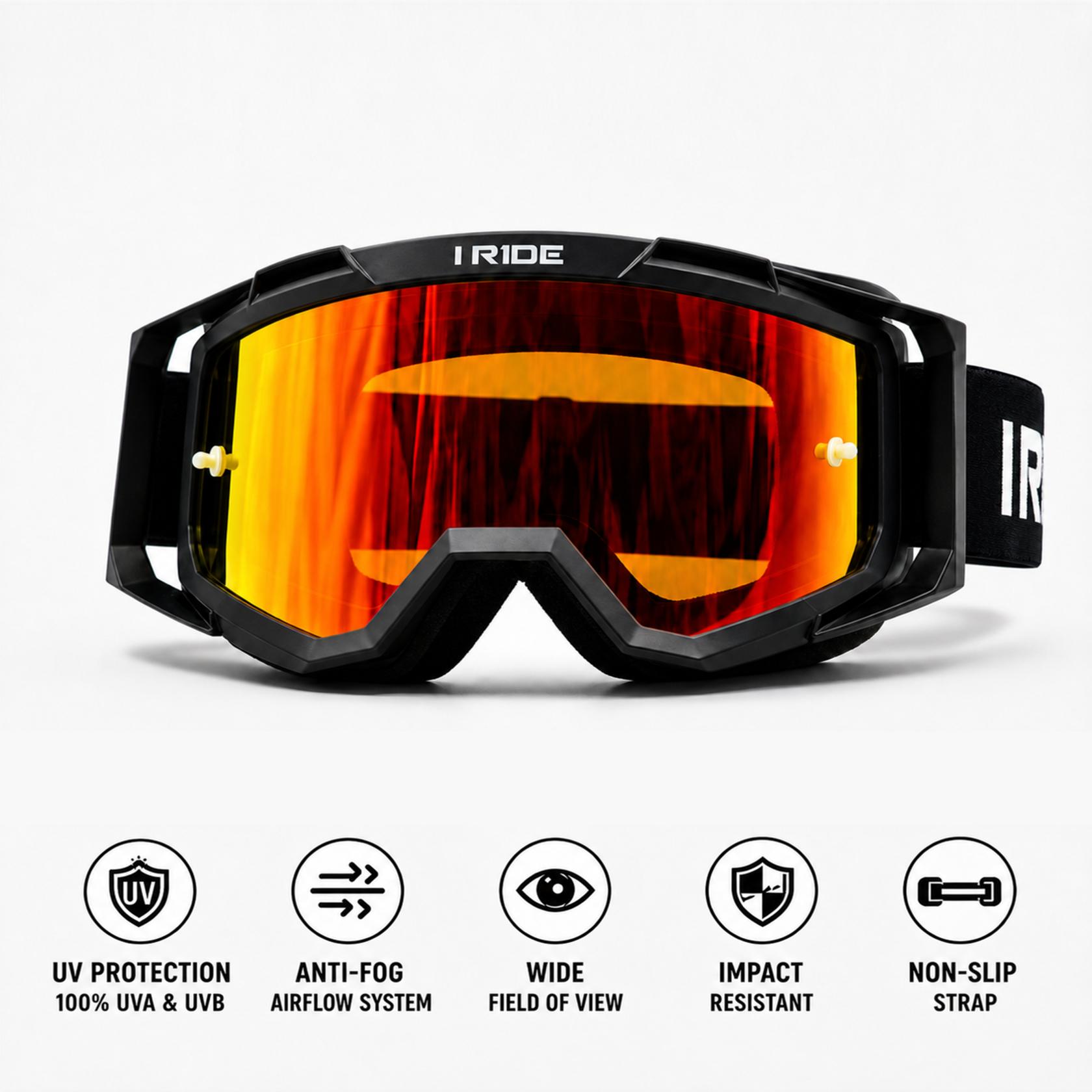 I RIDE Airtime Motocross Goggles with Spare Clear Lens and 5 Tear-Offs, Anti-Fog MX Dirt Bike Goggles with Orange Mirrored Lens, UV Protection, ATV UTV Off-Road Riding