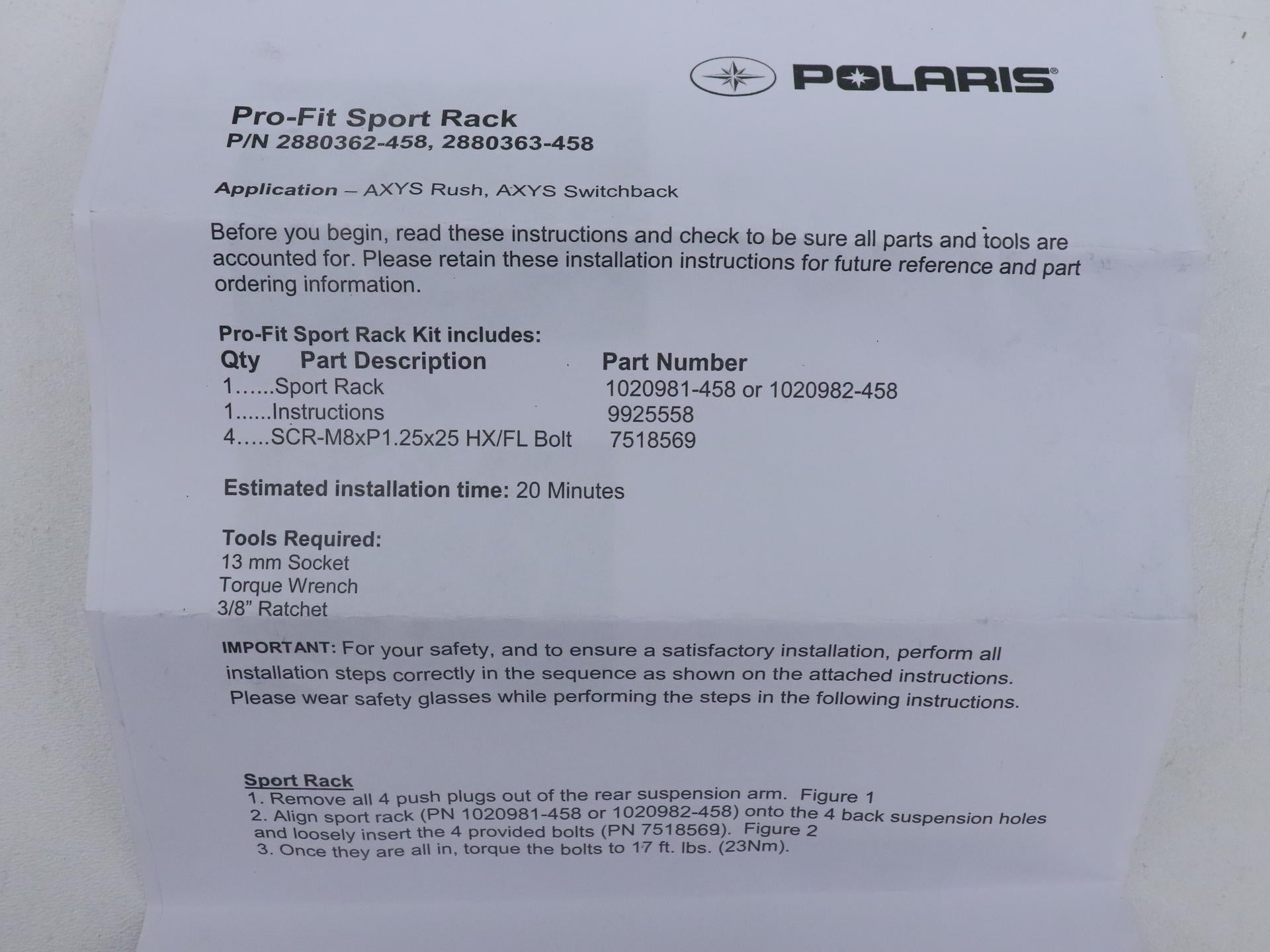 OPEN BOX - OEM Polaris Sport Rack Pro-Fit Black 2880363-458 - Switchback Assault