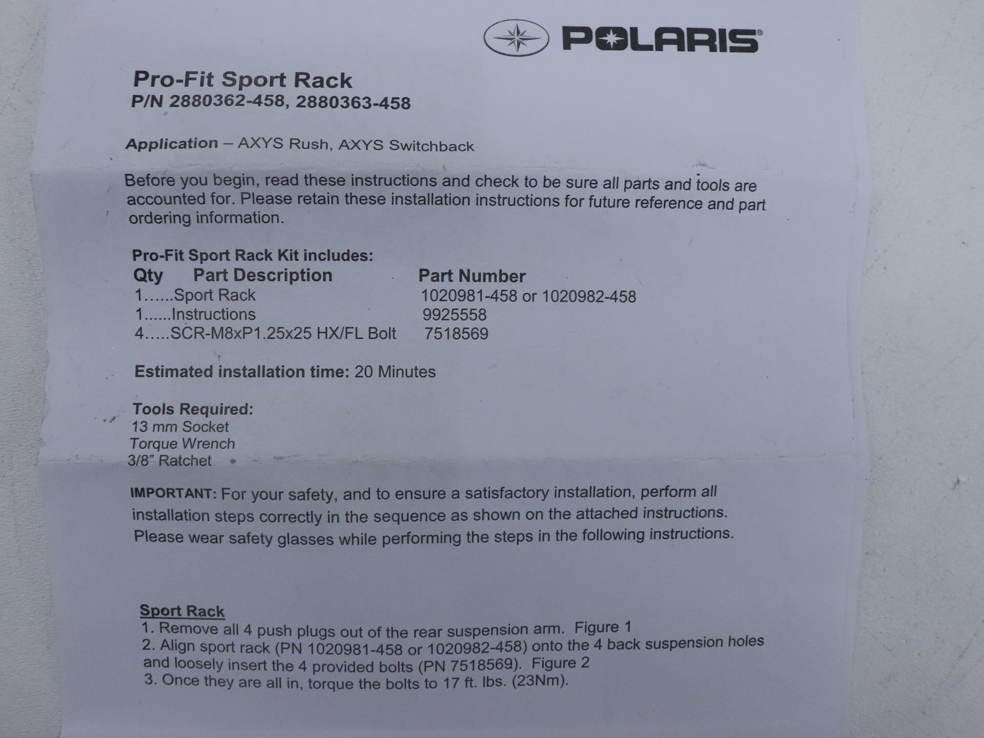 Polaris Pro-Fit Sport Rack Black 2880363-458 Switchback SP 144 - Open Box