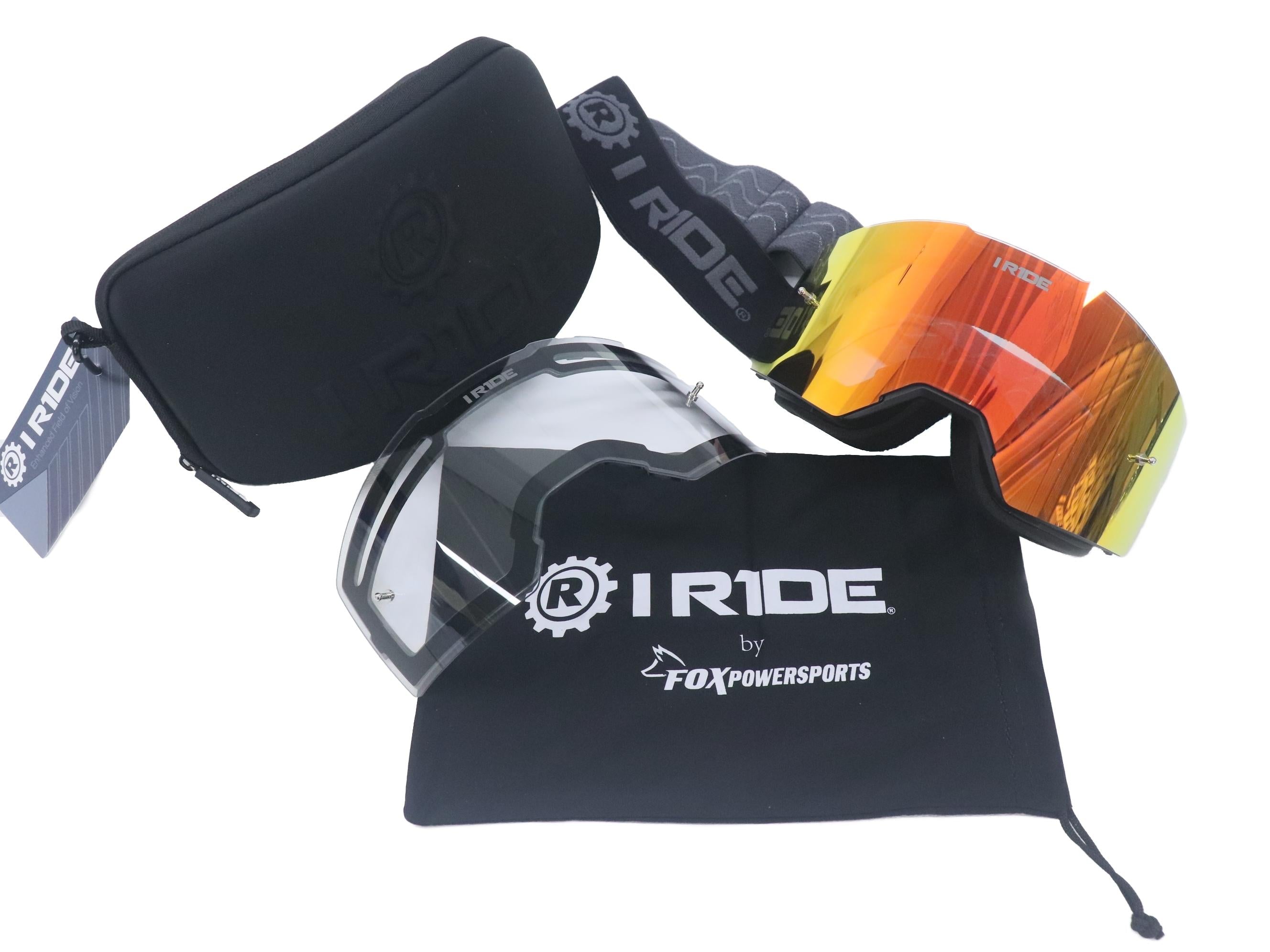 I RIDE AIRTIME PRO Motocross Goggles – Black Frame – Magnetic Lens, Orange Mirror + Clear Lens, 5 Tear-Offs, Hard Case & Bag – MX Dirt Bike ATV UTV Off-Road Race Goggles by Fox Powersports