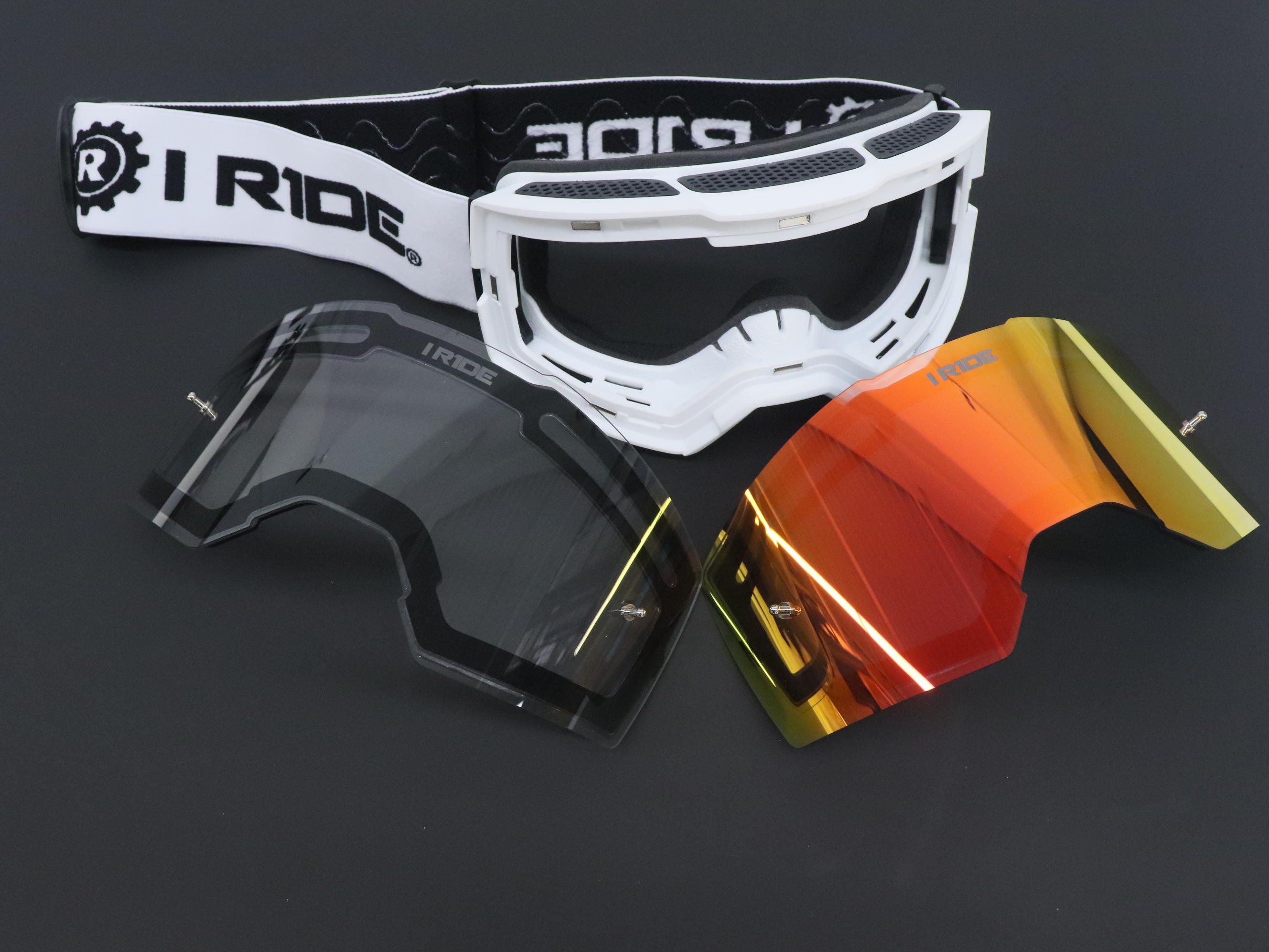 I RIDE AIRTIME PRO Motocross Goggles – White Frame – Magnetic Lens, Orange Mirror + Clear Lens, 5 Tear-Offs, Hard Case & Bag – MX Dirt Bike ATV UTV Off-Road Race Goggles by Fox Powersports