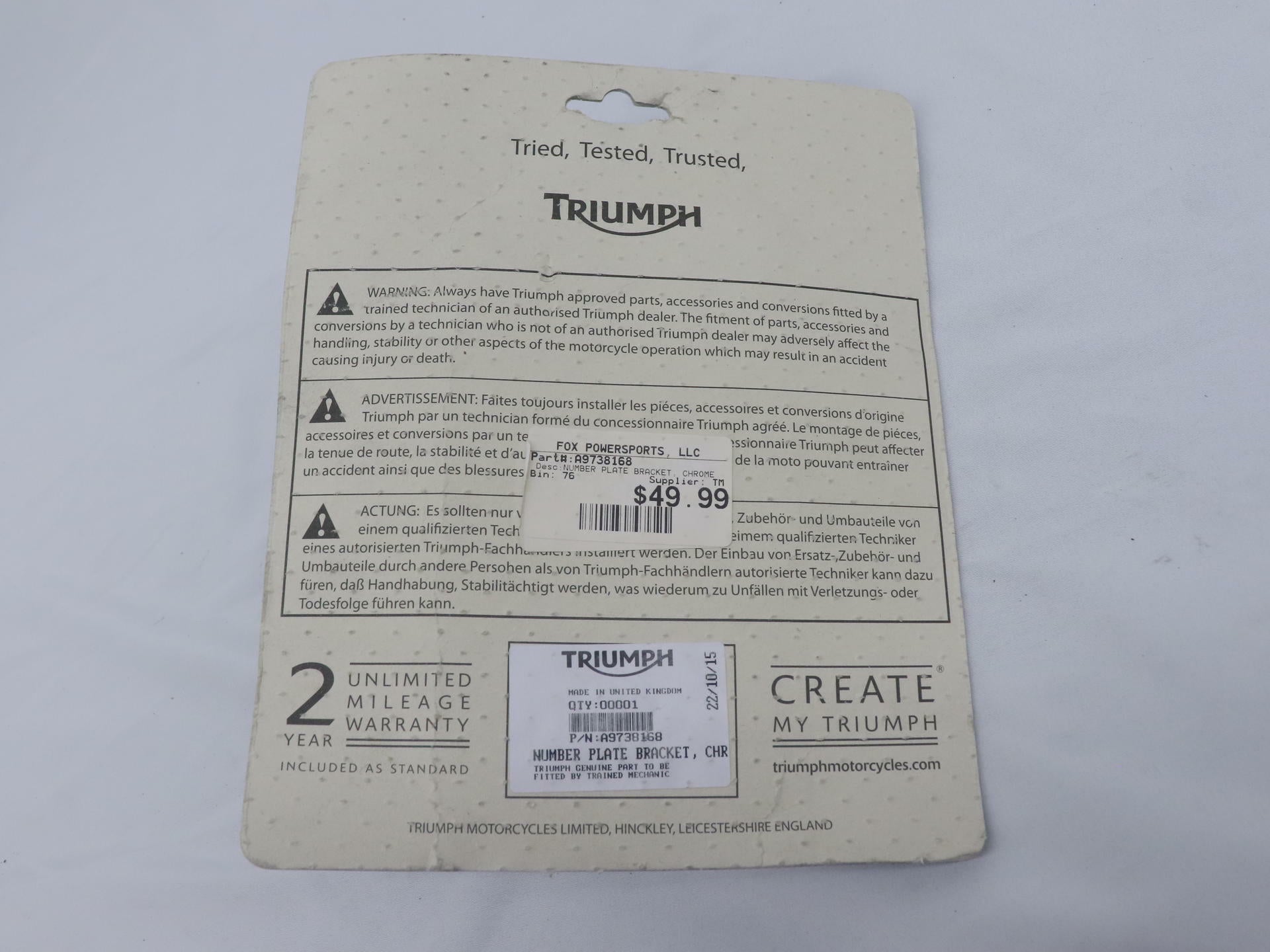 OEM Triumph Chrome Number Plate Bracket - 02-20 Speedmaster  - A9738168