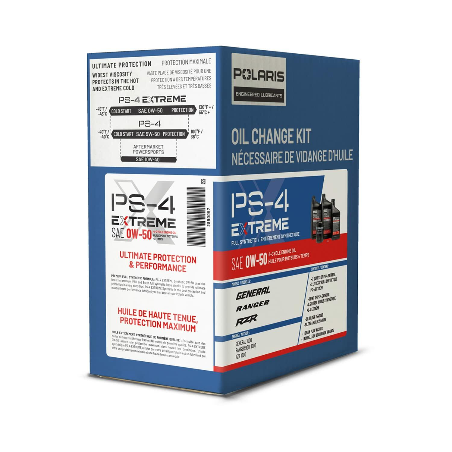 Polaris PS4 Oil Change Kit for Specific RANGER, GENERAL, RZR Models With 4 Stroke Engine, Includes 2.5 Quarts PS-4 EXTREME 0W-50 Full Synthetic Oil, 1 Oil Filter, 1 Washer, ATV UTV SxS - 2890057