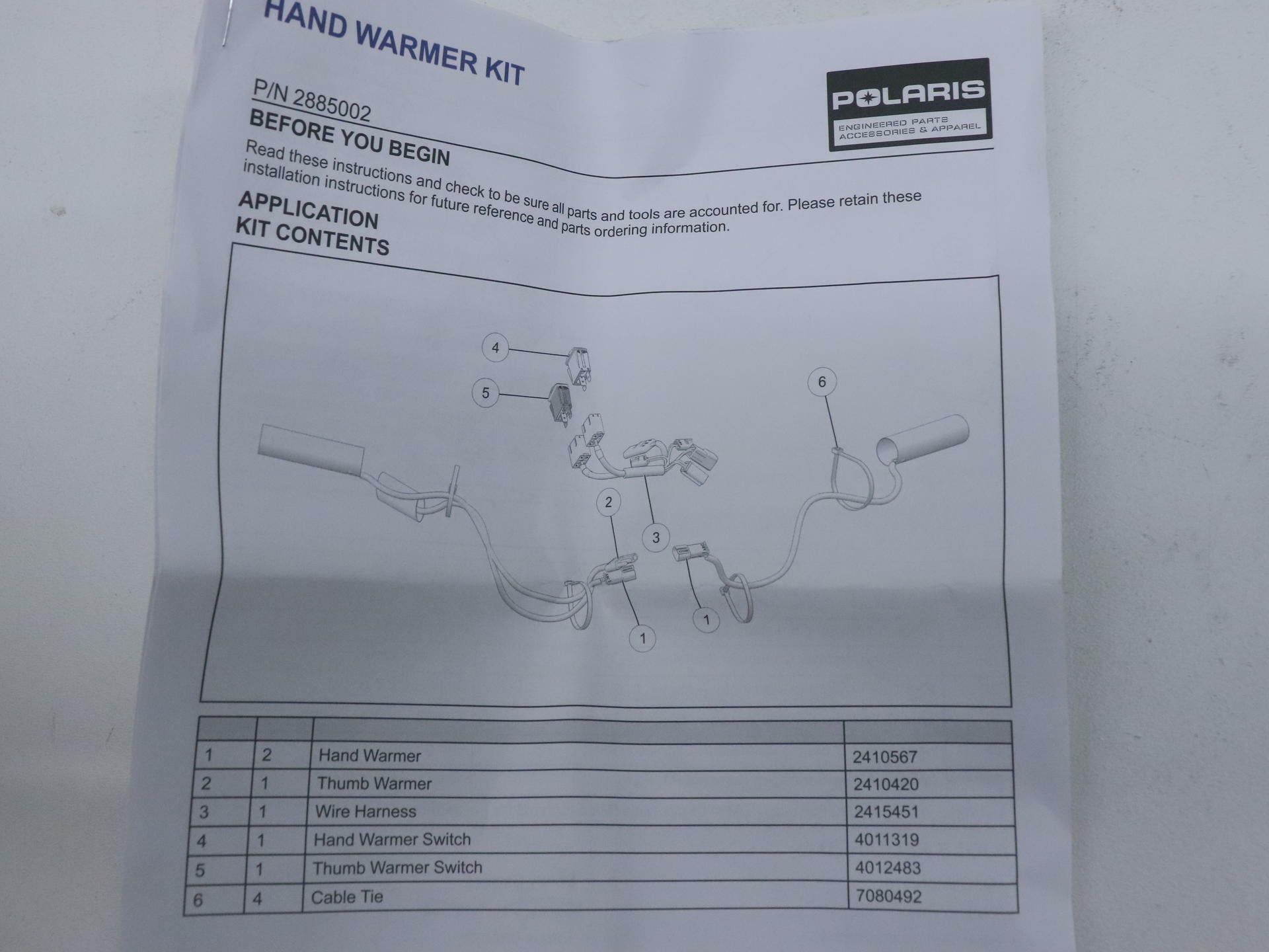 OPEN BOX - Polaris Hand & Thumb Warmer Kit 2885002 - Sportsman 450 570 XP1000