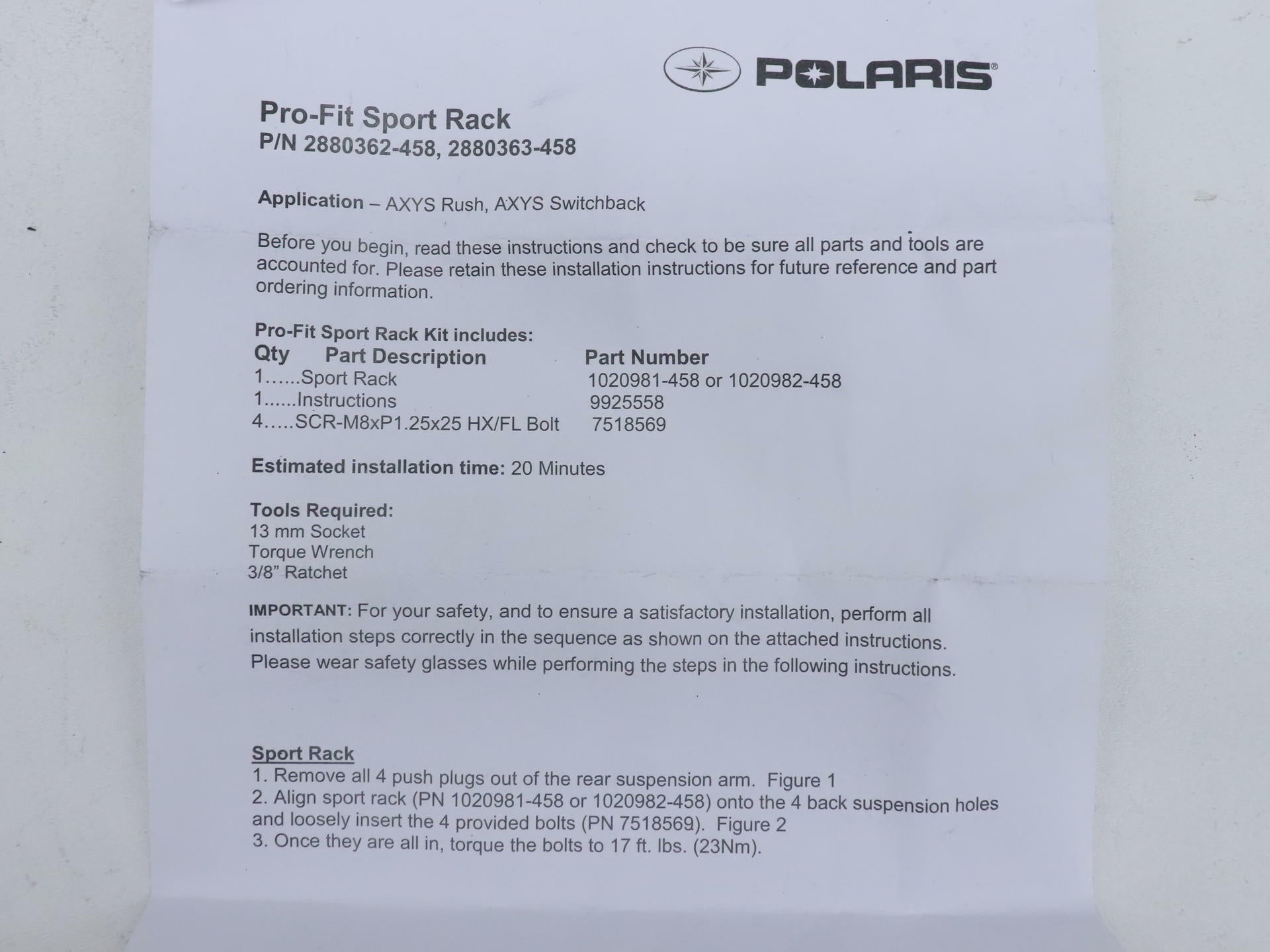 Polaris Sport Rack Pro-Fit Black Switchback 600 XCR 2880363-458 -OPEN BOX